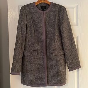 Banana Republic Gray Tweed Collarless Coat with Taupe Trim